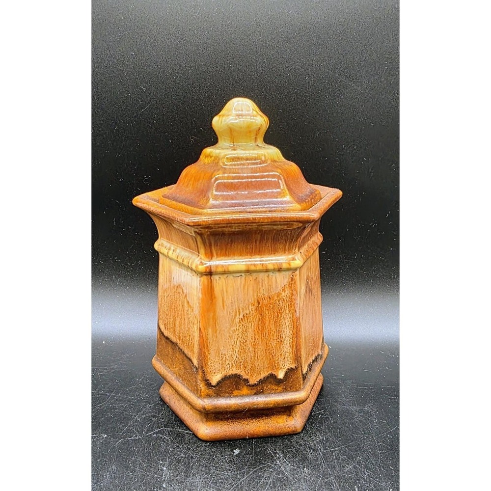 Vintage Royal‎ Haeger Brown Dripware Pottery Canister Hexagonal W Lid 7.5"